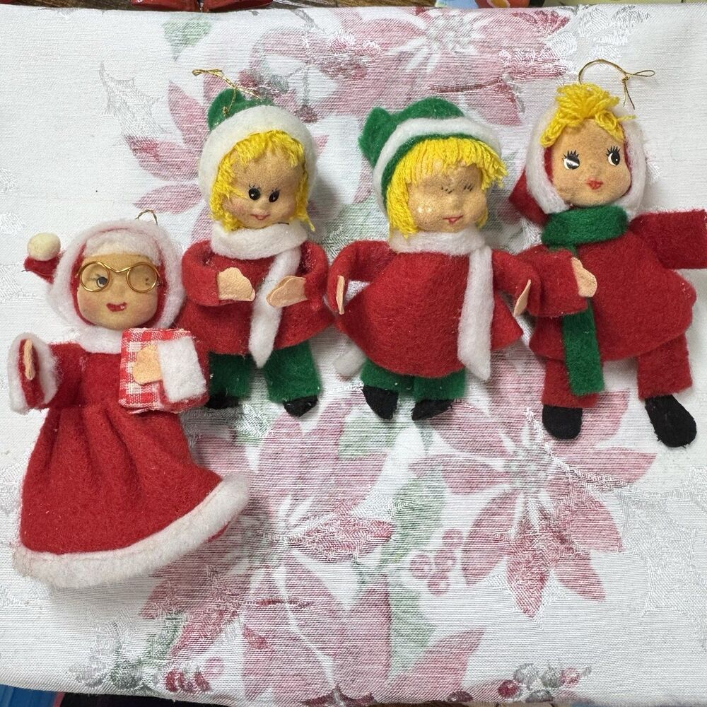 Vtg 60s 70s Felt Face Christmas Ornament Japan Caroler Mrs Claus Retro Set Lot 4